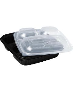 Square Black 3 Compartments Microwave Container with Lid 150 X  Plastic Box 