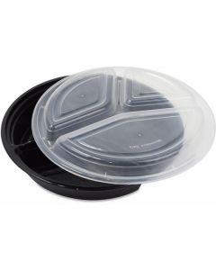 Round Black 3 Compartments Microwave Container with Lid 150 X  Plastic Box 