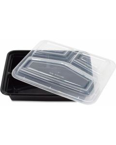 Rectangular Black 3 Compartments Microwave Container with Lid 150 X  Plastic Box 